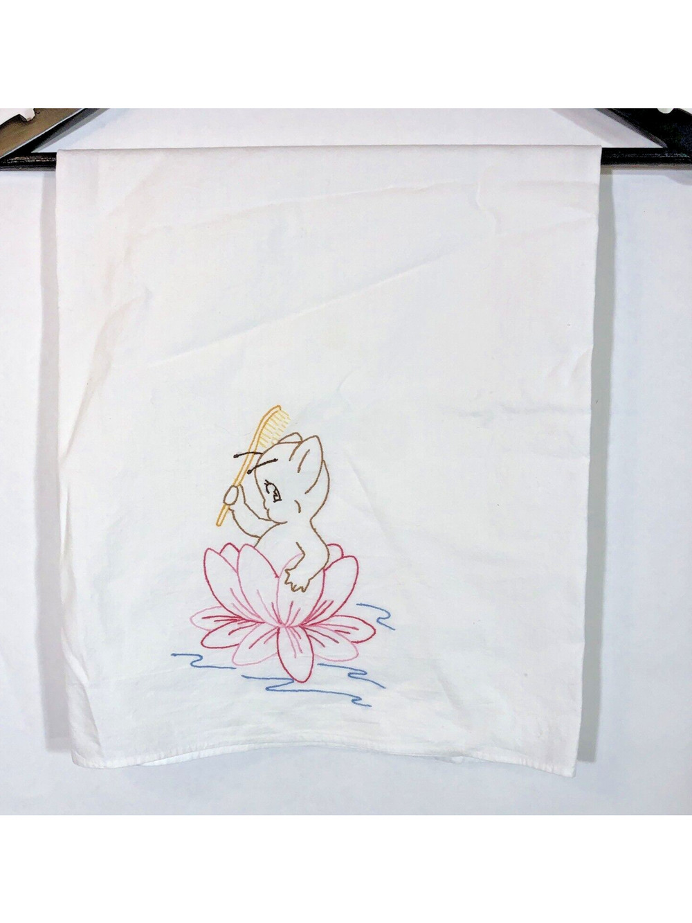 Vintage Tea Towel Embroidered Baby Nymph and Waterlily Bathing Retro Pixie Fairy